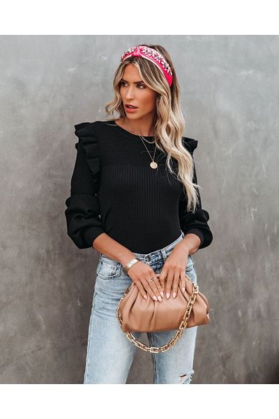 Kokosh moda Γυναικεία πλεκτή μπλούζα με μακρυμάνικο λαιμόκοψη με βολάν