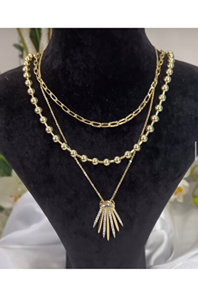 mibrillo Çelik 3lü Kolye ( zirkon taşlı kolye dorika kolye ataç zincirli kolye )çoklu kolye