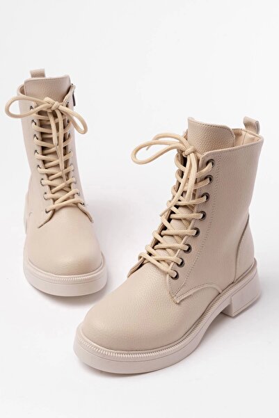 DEAG 02-356 Beige Galata Flat Heeled Lace up Zippered Daily Women's Boots