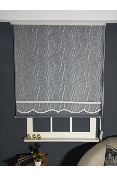 Emir Home Es Desenli Antrasit Storlu Çift Mekanizmalı Tül Stor Perde Güneşlik