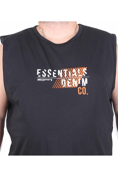 Starbattal Large Size Printed Sleeveless T-Shirt Denim 25154 Black