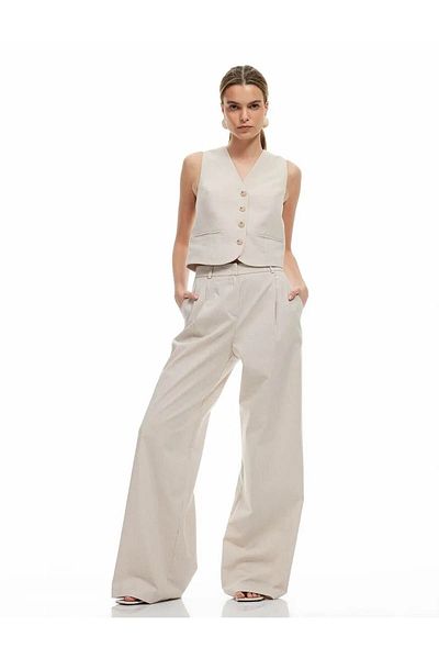 Koton Pocketed Pleated Detailed Wide Beige Women's Trousers 5Sak40032Pw