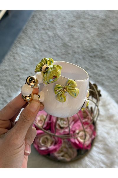 Pernotte Handmade 24 K Gold Plated Bow Ceramic Double Turkish Coffee Cup