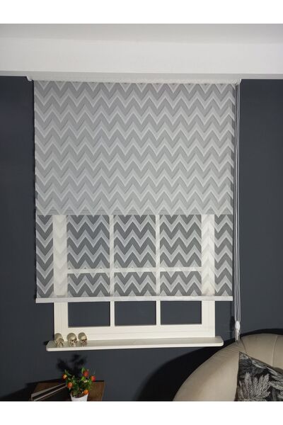 Emir Home Zigzag Desenli Gri Storlu Çift Mekanizmalı Tül Stor Perde