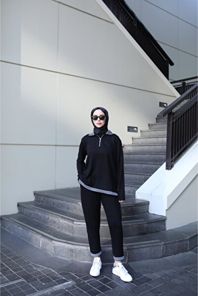 buğrahayalin Women's Long Sleeve Ribbed and Zipper Detail Blouse and High Waist Trousers 2-Piece Set