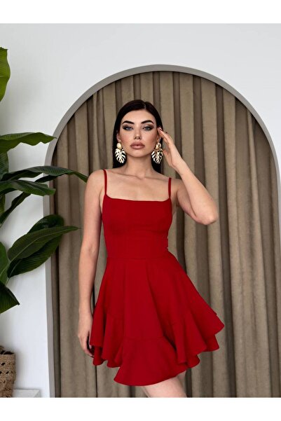 ETİKAFASHION ASKILI VOLANLI ETEĞİ BELDEN AÇILAN FIRFIRLI MİNİ ELBİSE
