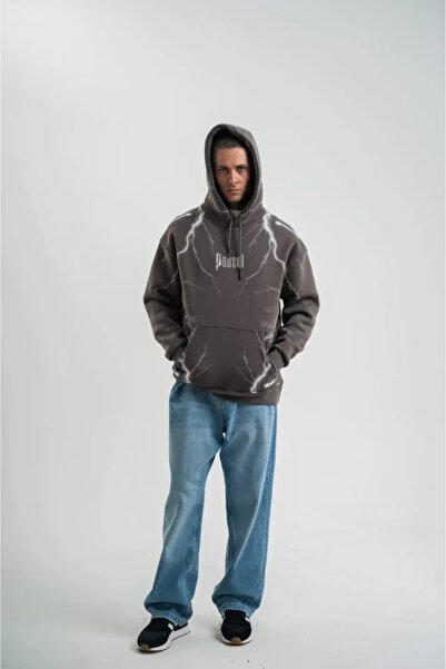 buğrahayalin Double Oversize Hooded Lightning Panel Printed Sweatshirt - Smoked