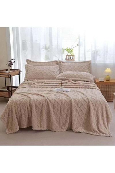 Comfy SOFT & FLUFFY 3PCS BLANKET SET KINGSIZE, 1 BLANKET & 2 PC PILLOW COVER - BEIGE