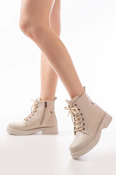TB Terzi Bey 02-356 Μπεζ Galata Flat Heeled Lace Up Zippered Daily Γυναικείες Μπότες