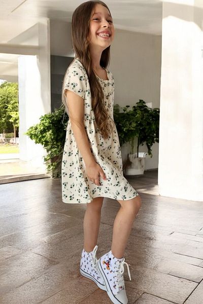 QUB CLUB Rochie pentru fetiță, verde, bej, muselină, cu imprimeu de flori - Noul sezon Eid, mărime 1, poate alege mai mult