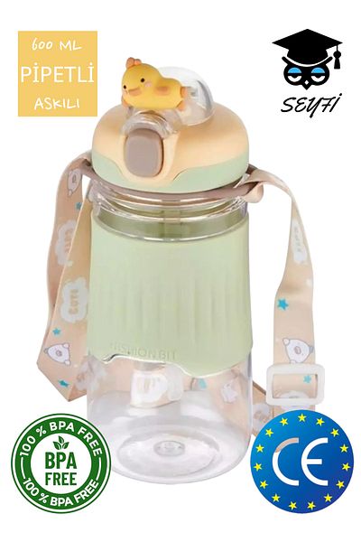 SEYFİKİRTASİYE 600 ml Water Bottle with Neck Strap and Straw with Animal Figures Vagonlife 2023