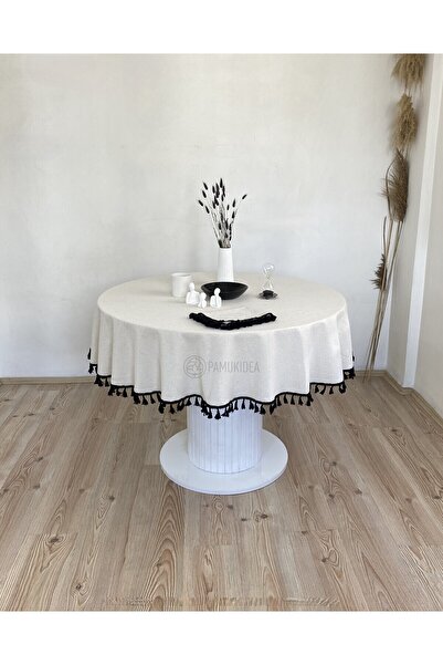 pamukidea Black Tasseled Washed Buldan Linen Pompom Plain Plain 100% Cotton Natural Beige Round Table Cloth