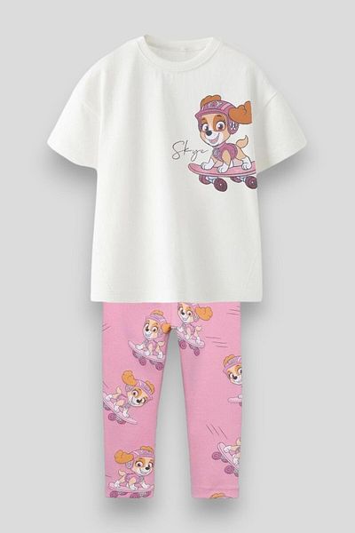 Magu Girl's Cotton White Skye Printed T-Shirt and Pink Tracksuit Set - Skateboard Themed