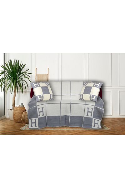 Hanlı Gray Striped Model H Letter Single Blanket & Sofa Cover & Throw