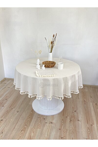 pamukidea Față de masă rotundă, 100% bumbac, natural, bej, cu pompon de in Buldan spălat cu smocuri