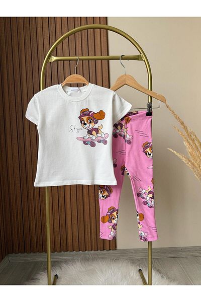 Magu Girl's Cotton White Skye Printed T-Shirt and Pink Tracksuit Set - Skateboard Themed