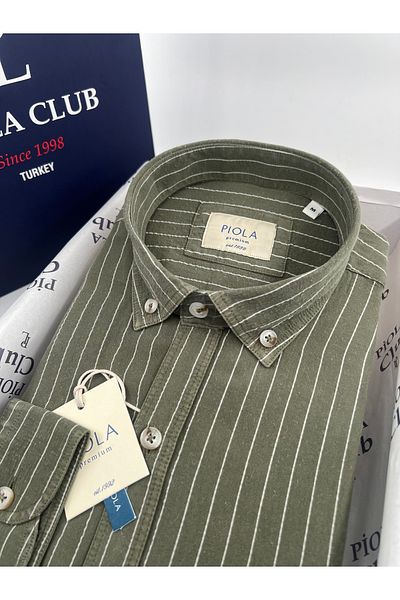 Piola Club Ανδρικό πουκάμισο με κανονική εφαρμογή, μαλακή υφή, ριγέ κουμπιά χωρίς τσέπη (χακί)