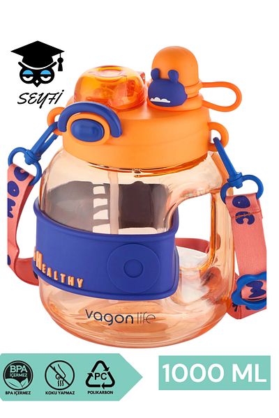 SEYFİKİRTASİYE 1000ml Single Lid Dual Use Water Flask with Straw and Spirit Strap Children's Water Vagonlife