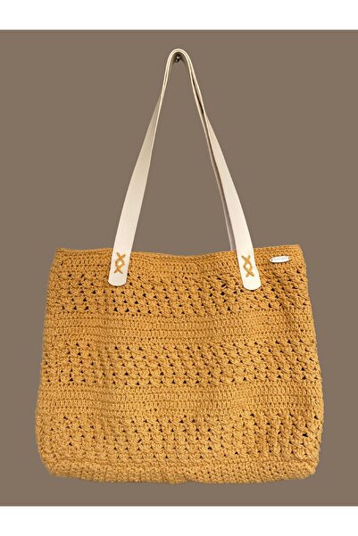 MELUSH Mustard Yellow Cream Color Leather Strap Knitted Bag