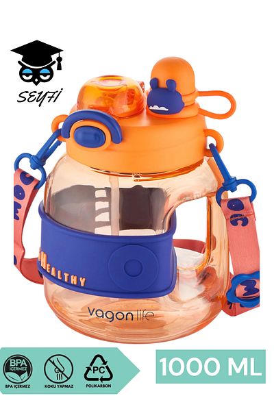 SEYFİKİRTASİYE 1000ml Single Lid Dual Use Water Flask with Straw and Spirit Strap Children's Water Vagonlife