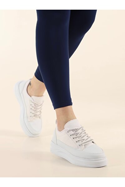 Hugan Pantofi albi cu șireturi pentru femei, pantofi sport casual