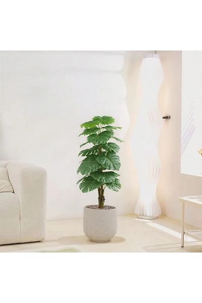 Ebticar Artificial Heart Leaf (Alocasia) Tree in a Cylindrical Fiber Pot-Spray Gray
