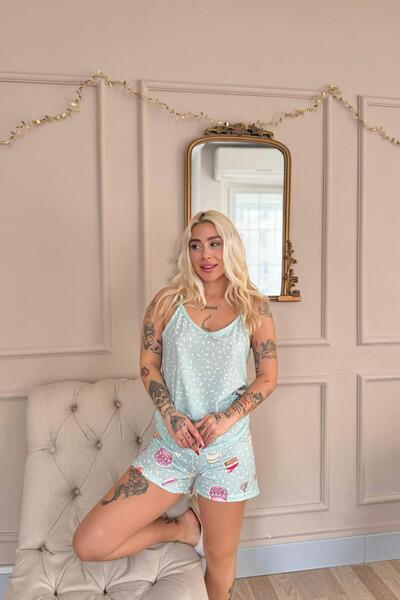 Pijamaevi Mint Macaron Patterned Rope Strap Shorts Women's Pajama Set