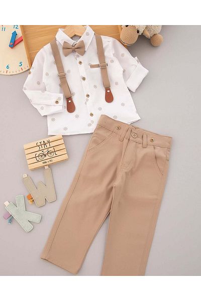 MİNİKO KİDS Boy's Cotton Shirt Pants Bow Tie Trousers Suspender Suit