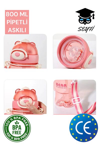SEYFİKİRTASİYE 800 ml Policarbon Teddy Bear Patterned Water Bottle with Straw Bpa Free 2027