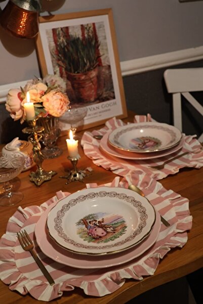 vintagetasarım Amerikan Servis Oval Çizgili Fırfırlı Vintage 2 Adet Duck Keten