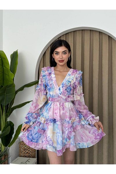 S&A Collectionn Women's Back Lace up Corset V Neck Flared Mini Floral Chiffon Dress