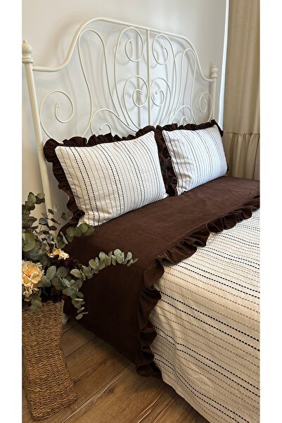 Decamor home Line Brown Ecru Ruffle Detailed Bedspread Pique Set Double Size