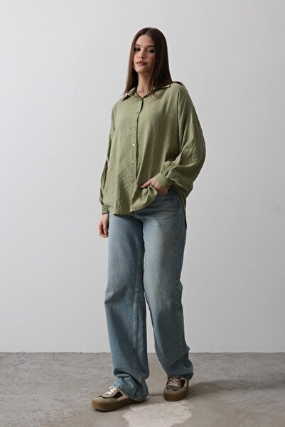 Genel Markalar Çizgili Uzun Kol Gömlek - Haki