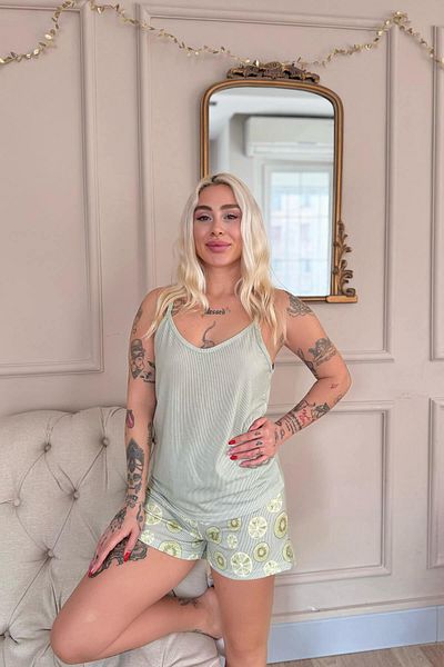 Pijamaevi Green Fresh Summer Patterned Rope Strap Shorts Women's Pajama Set