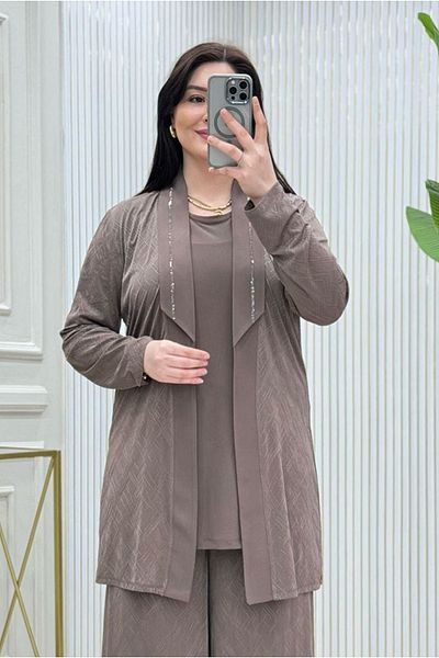 Moda Rosa 25Y5055 - مينك - بدلة سهرة مقاس كبير مع بنطلون