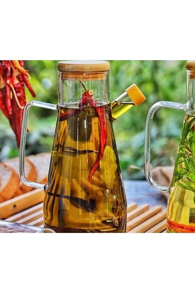 safestore 900 Ml Glass Oil Pot with Bamboo Lid Vinegar Milk Storage Water Jug