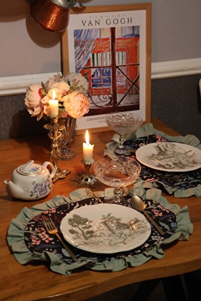 vintagetasarım amerikan servis oval 4 adet fırfırlı çiçekli duck keten