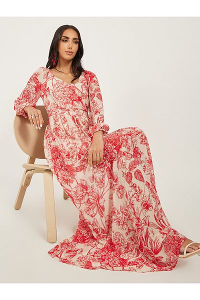 Styli Floral Print Long Sleeves A-Line Maxi Dress