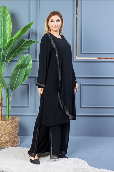 Moda Rosa 25Y5060 - أسود - بدلة سهرة شيفون حجرية مقاس كبير مع بنطلون