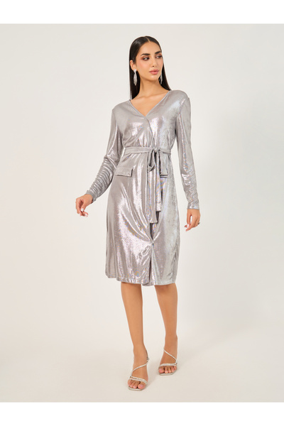 Styli Shimmer Tie-Up Blazer Knee Length Dress