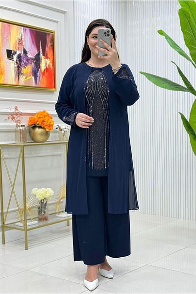 Moda Rosa 25Y5050 - Navy Blue - Large Size Stone Evening Dress Suit with Trousers