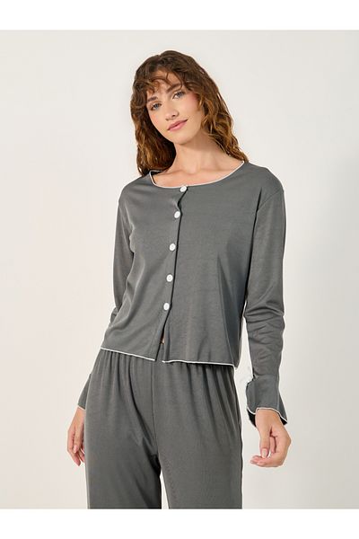 Styli Solid Lettuce Edge Hem Button Front Top and Pyjama Pants Set with Bow Detail