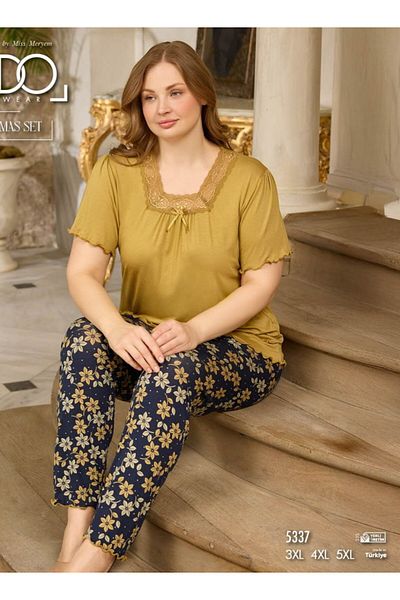 Azra Women's Large Size Summer Viscose Fabric Green Floral Patterned Pajama Set