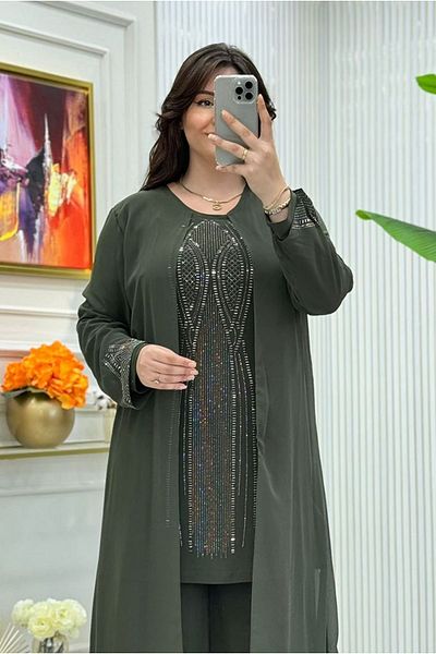 Moda Rosa 25Y5050 - Khaki - Large Size Stone Evening Dress with Pants