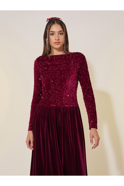 Take Two By Styli Embellished Balloon Hem Long Sleeve Midi Dress
