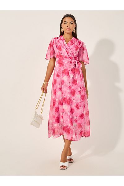 Styli Floral Print Flared Sleeves Wrap Midi Dress