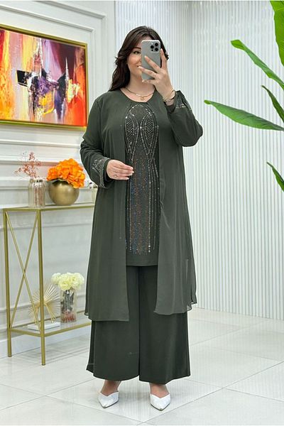 Moda Rosa 25Y5050 - Khaki - Large Size Stone Evening Dress with Pants