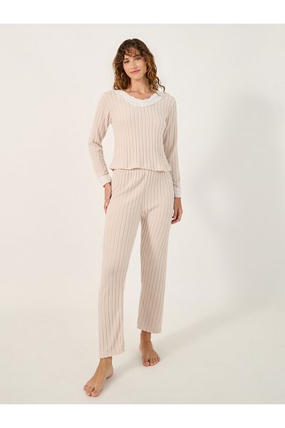 Styli Ribbed Brushed Lace Trim Top and Pyjama Pants Set