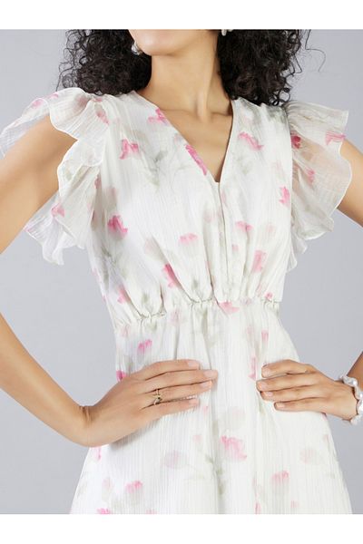 Mish By Styli Floral Print Frill Sleeve Gathered Waist Maxi Dress