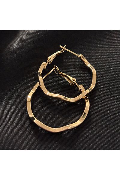 Zeyn Zigzag Model Gold Steel Hoop Earrings-30 mm